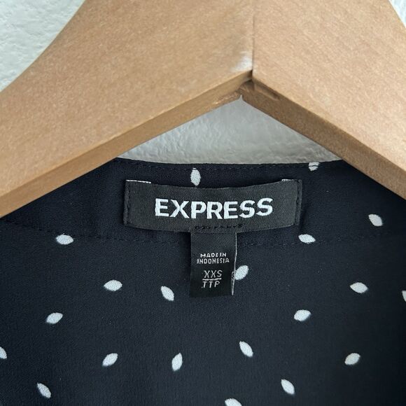 Express Black Semi Sheer Blouse Polka Dot White Leaves Size XXS Career Classic - Picture 3 of 16